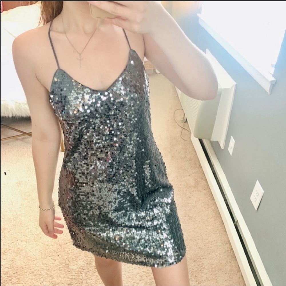 Express gray sequin v neck shift dress